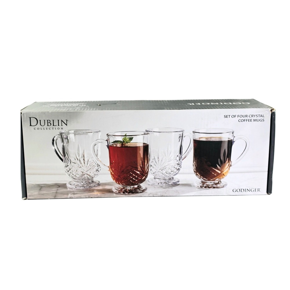 Godinger Dublin Collection Set of 4 Crystal Coffee Mugs 13oz Footed Tea Cups New